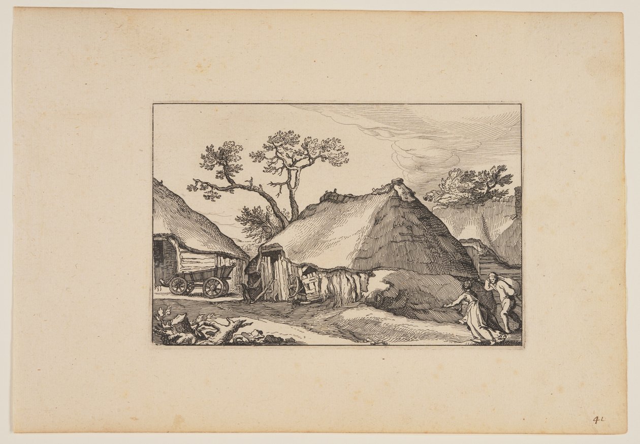 Two Barns, Cart at Left, from Landscapes (Verscheyden aerdige Lanthuysen...) door Claes Jansz. Visscher