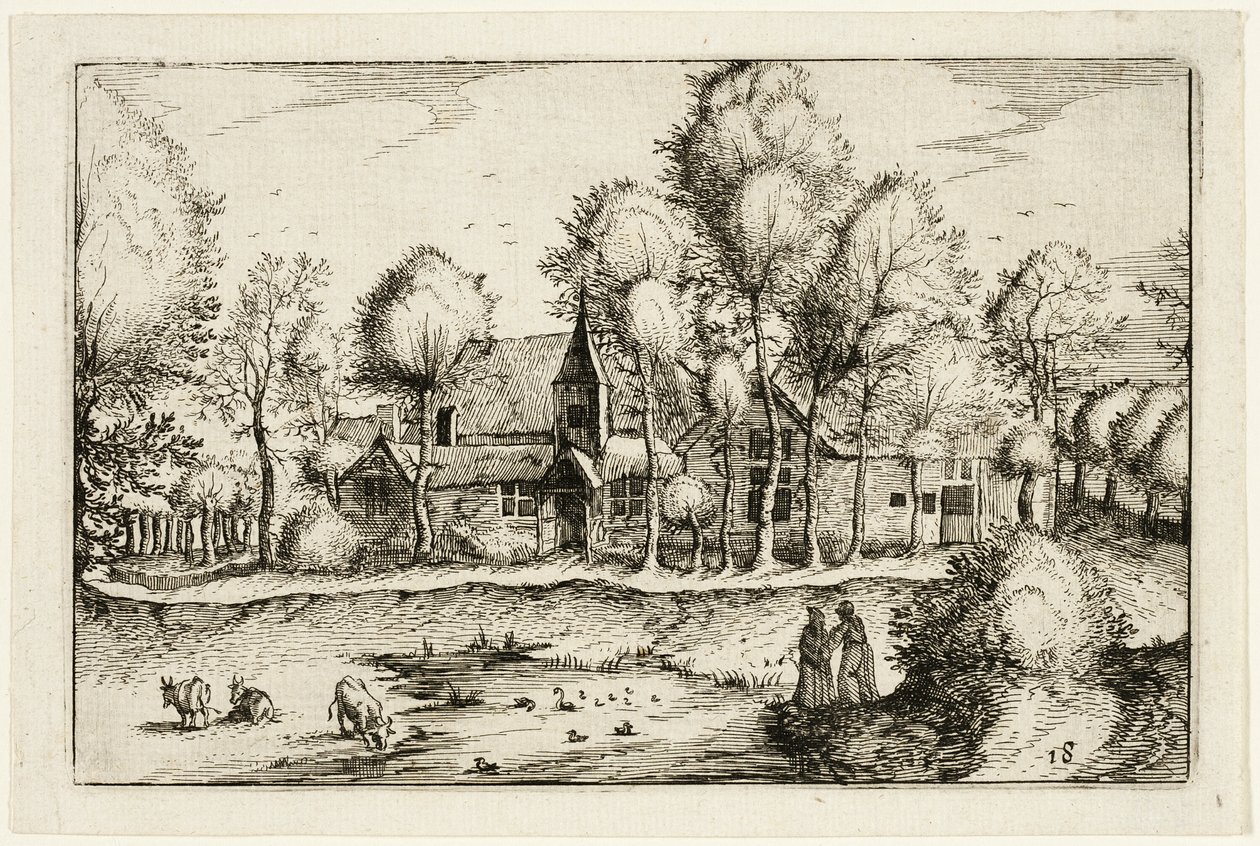 Een vijver, plaat achttien naar Afbeeldingen van boerderijen, landhuizen en rustieke dorpen (Praediorum villarum et rusticarum casularum icones) door Claes Jansz. Visscher II