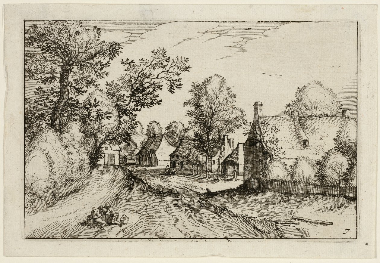 Een dorpsweg, plaat zeven naar afbeeldingen van boerderijen, landhuizen en rustieke dorpen (Praediorum villarum et rusticarum casularum icones) door Claes Jansz. Visscher II