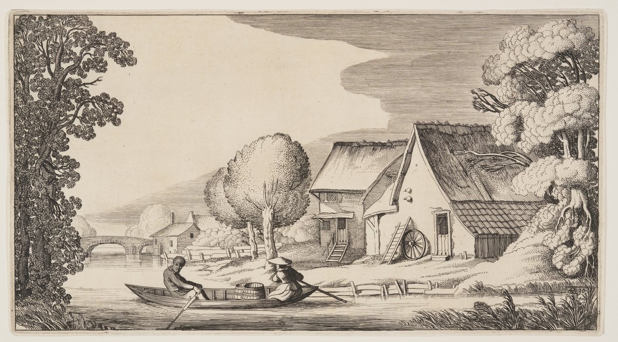 Boer en boerin in een rijtjesboot, uit Landschappen (Playsante Lantschappen) door Claes Jansz. Visscher II