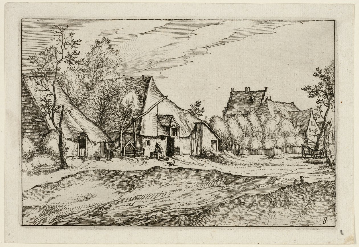 Boerderijen in een dorp, plaat acht naar afbeeldingen van boerderijen, landhuizen en rustieke dorpen (Praediorum villarum et rusticarum casularum icones) door Claes Jansz. Visscher II