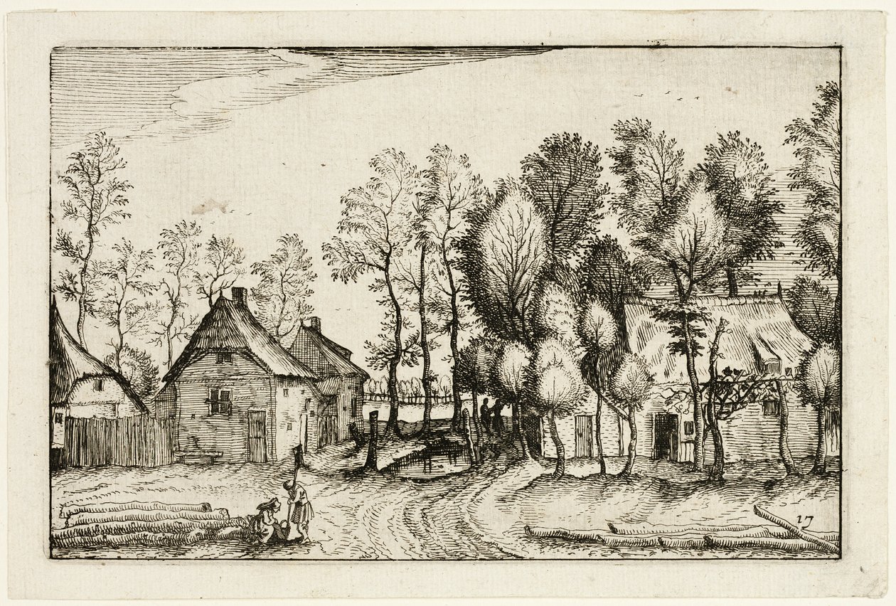 Landschap met omgehakte bomen, plaat zeventien naar Afbeeldingen van boerderijen, landhuizen en rustieke dorpen (Praediorum villarum et rusticarum casularum icones) door Claes Jansz. Visscher II
