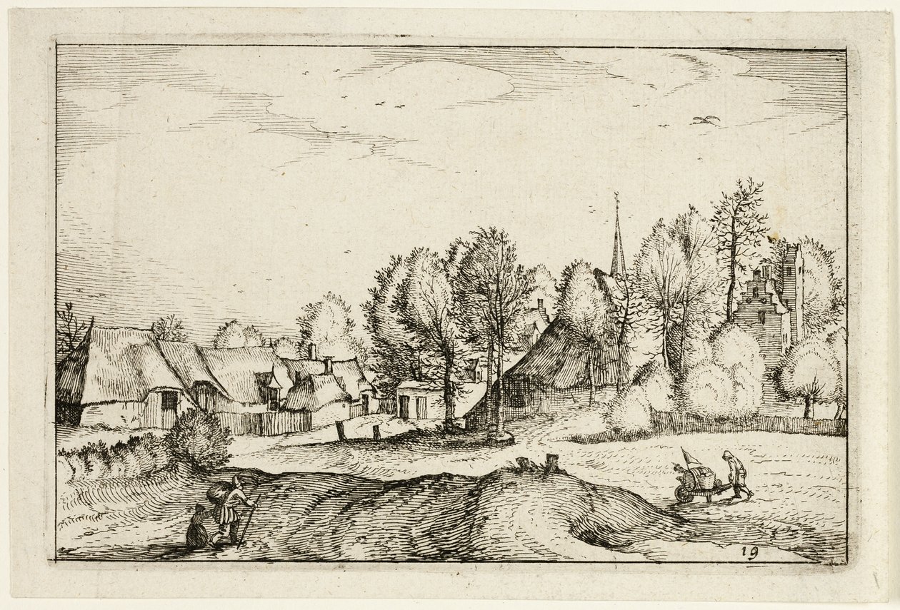 Weg naar een dorp, plaat negentien naar afbeeldingen van boerderijen, landhuizen en rustieke dorpen (Praediorum villarum et rusticarum casularum icones) door Claes Jansz. Visscher II