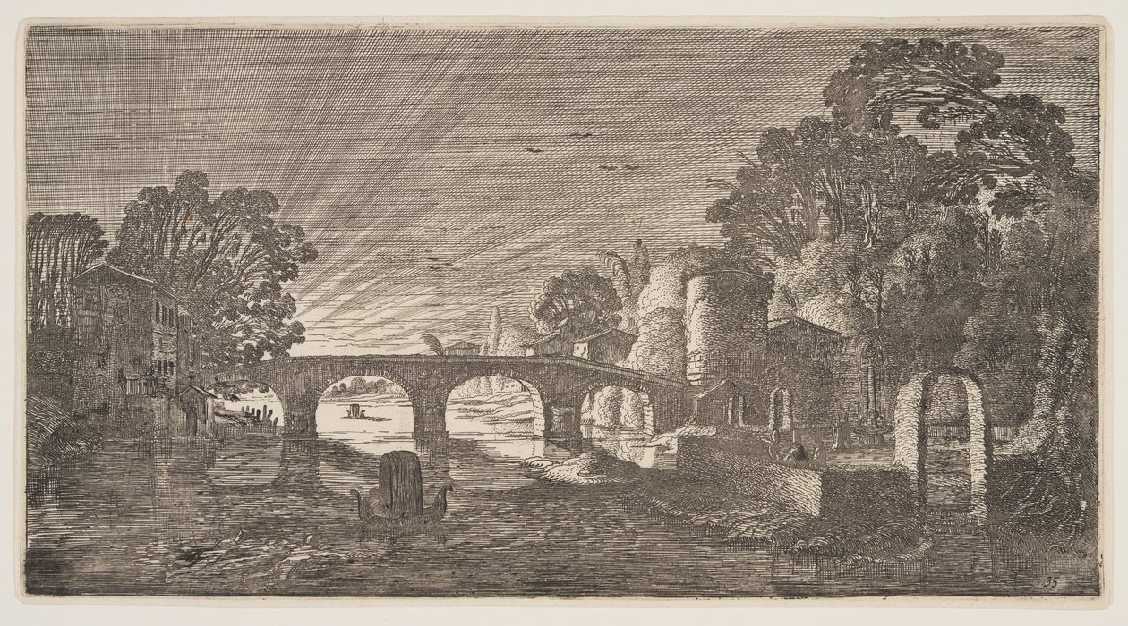 Zonsondergang boven een rivier, uit Landschappen (Playsante Lantschappen) door Claes Jansz. Visscher II