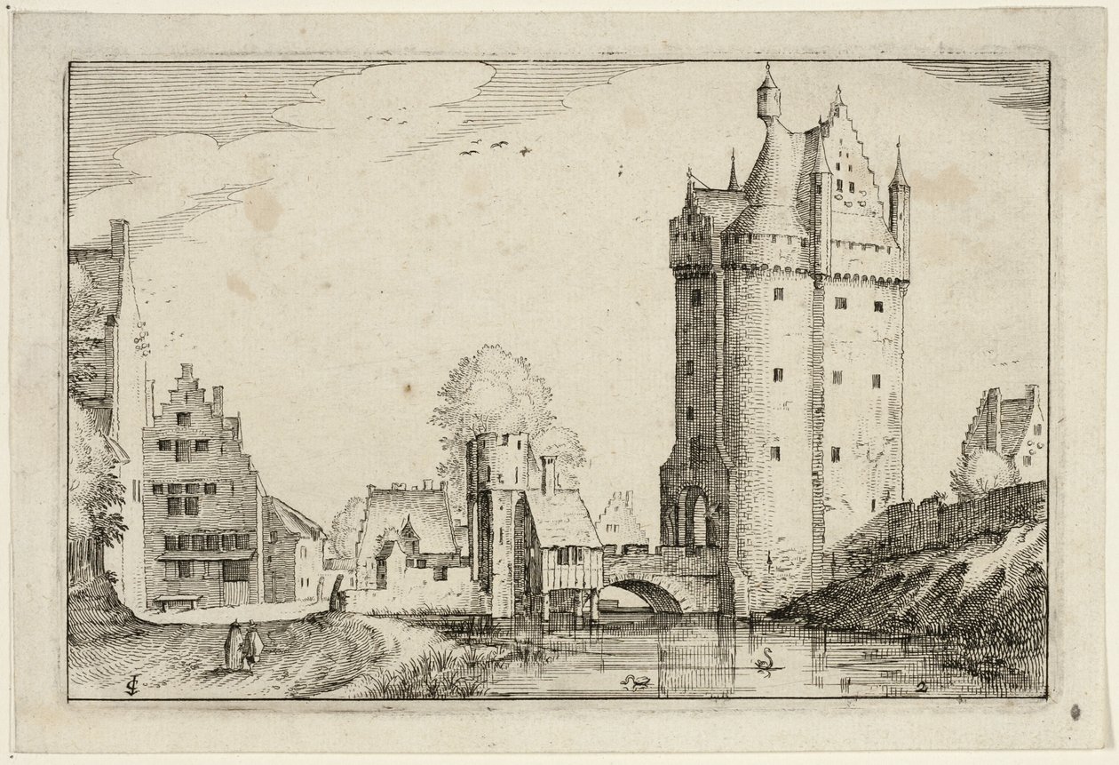 Stadspoort, plaat twee naar Afbeeldingen van boerderijen, landhuizen en rustieke dorpen (Praediorum villarum et rusticarum casularum icones) door Claes Jansz. Visscher II