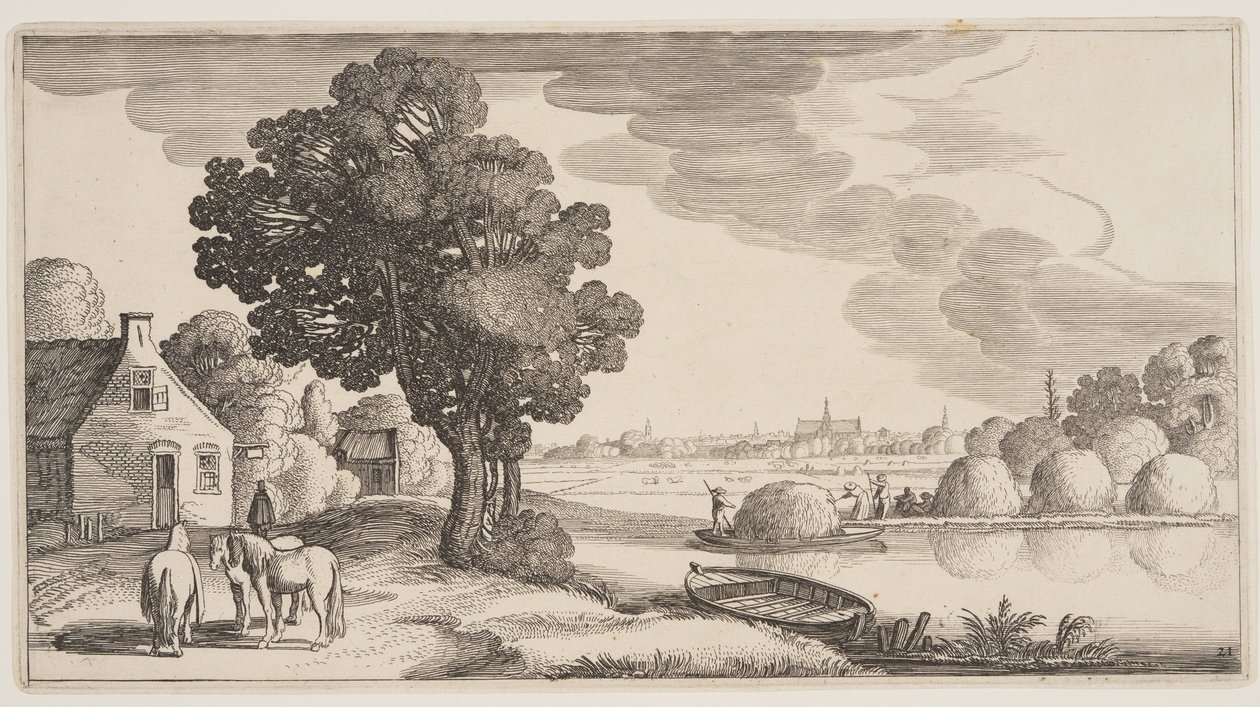 Hooitransport op een rivier, uit Landschappen (Playsante Lantschappen) door Claes Jansz. Visscher II