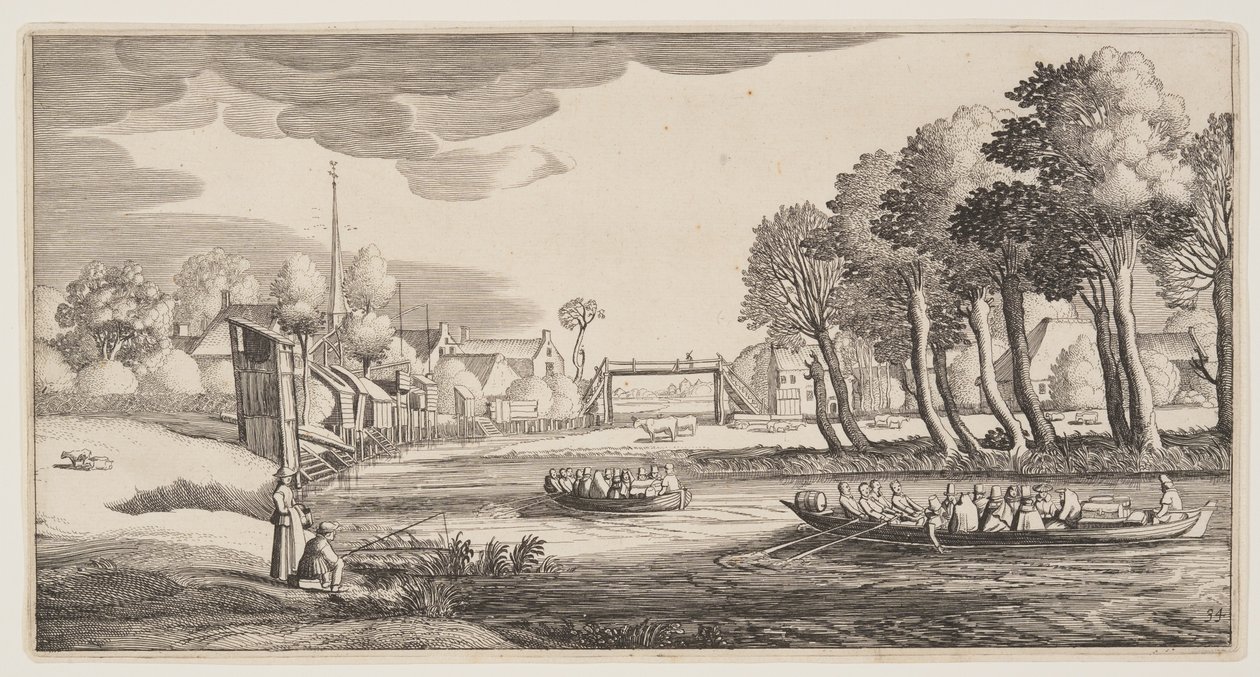 Reizigers in rieboten naderen een dorp, uit Landschappen (Playsante Lantschappen) door Claes Jansz. Visscher II