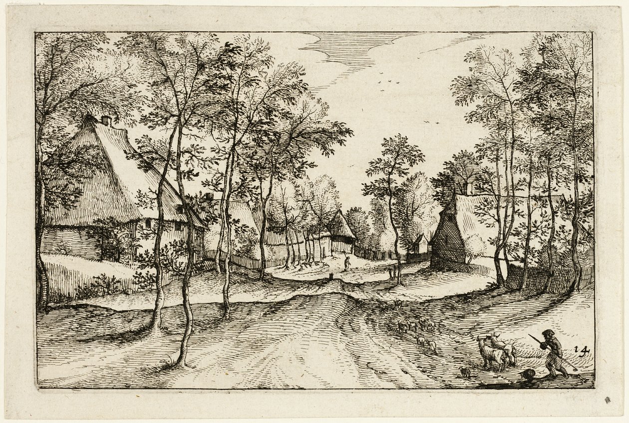 Dorpsweg, plaat veertien naar Afbeeldingen van boerderijen, landhuizen en rustieke dorpen (Praediorum villarum et rusticarum casularum icones) door Claes Jansz. Visscher II