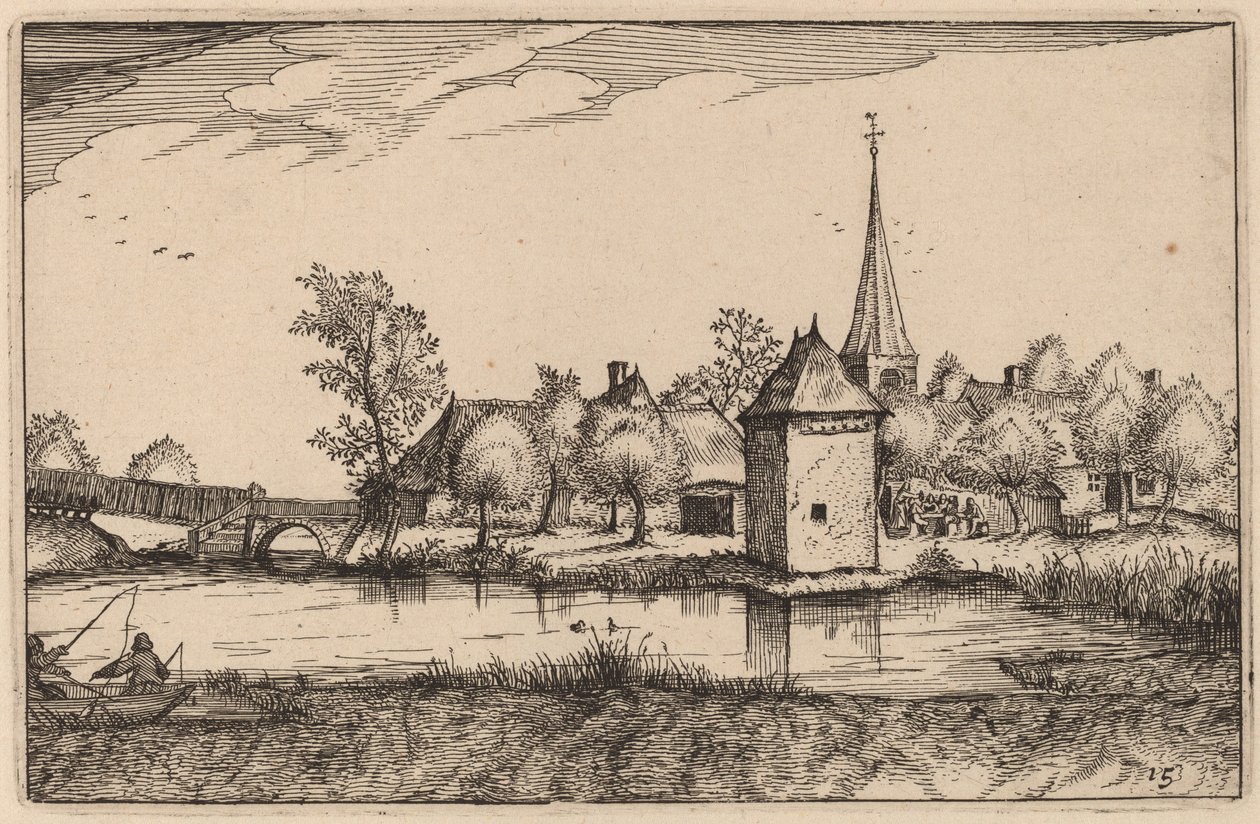 Vijver en een Dorp door Claes Jansz Visscher after Johannes van Doetechum, the Elder after Lucas