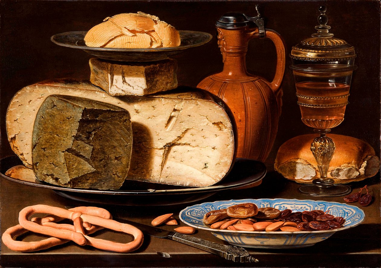 Dutch: Stilleven met kazen, amandelen en krakelingen Still Life with Cheeses, Almonds and Pretzels door Clara Peeters