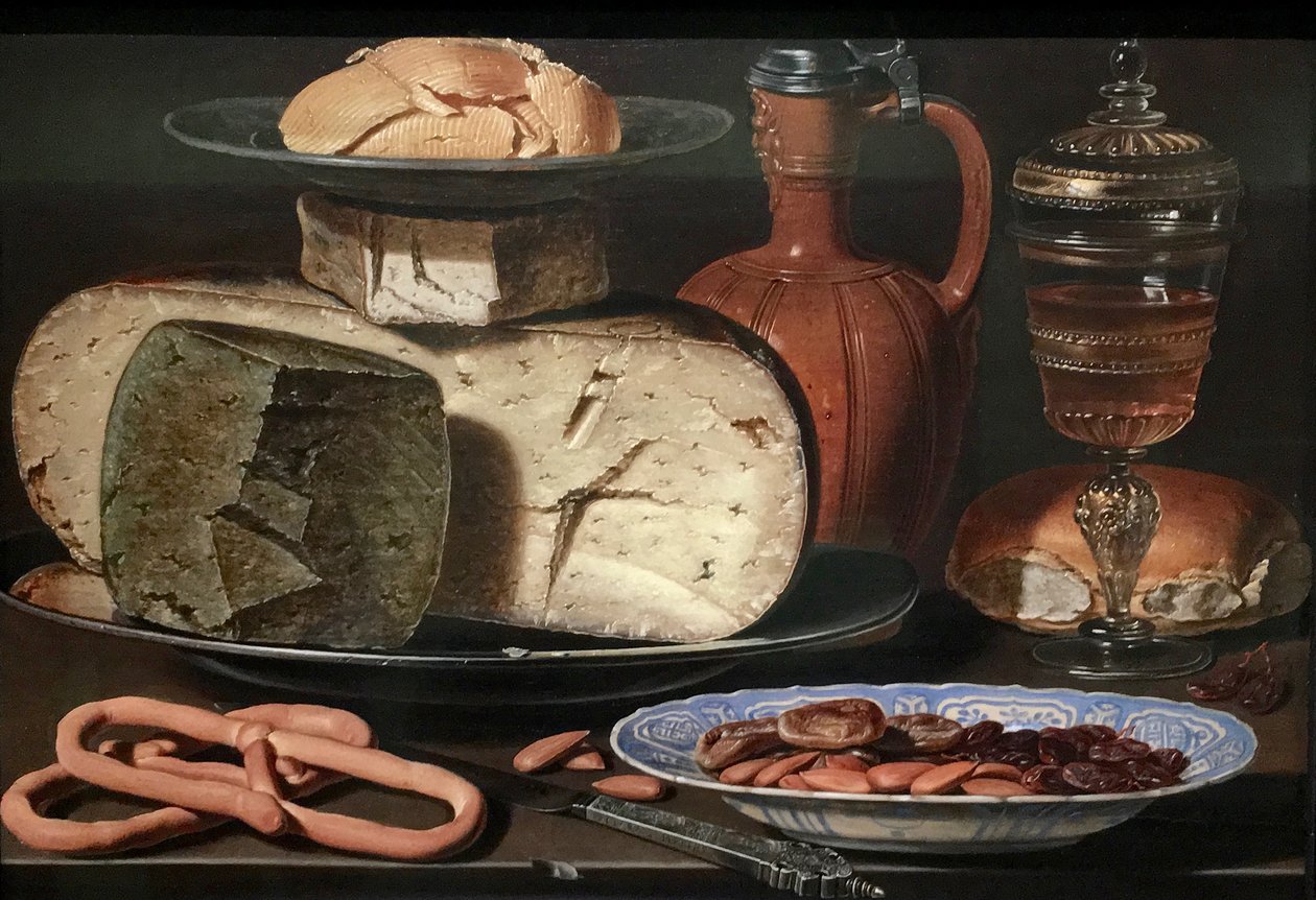 Dutch: Stilleven met kazen, amandelen en krakelingen Still Life with Cheeses, Almonds and Pretzels door Clara Peeters