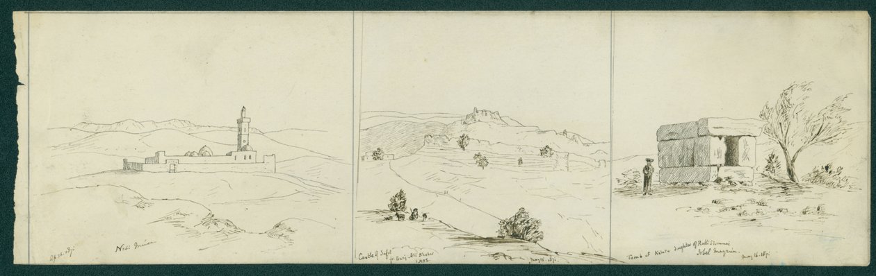 LtoR: Nebi Musa, Kasteel van Safet en Graf van Kalata, 1871 door Claude Conder