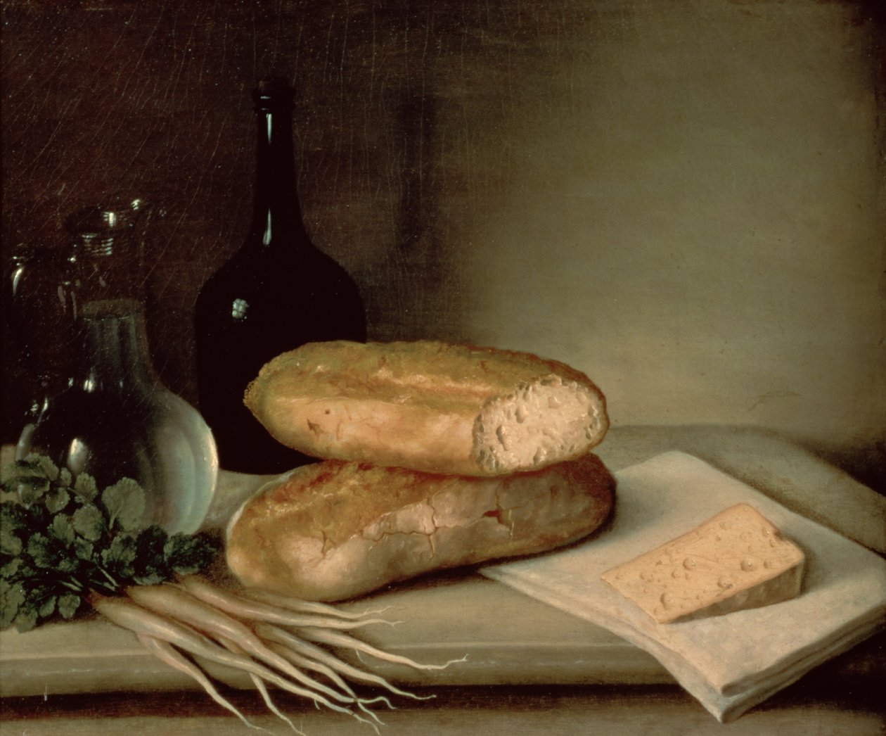 Stilleven met Brood, Kaas en een Karaf Wijn door Claude Joseph Fraichot