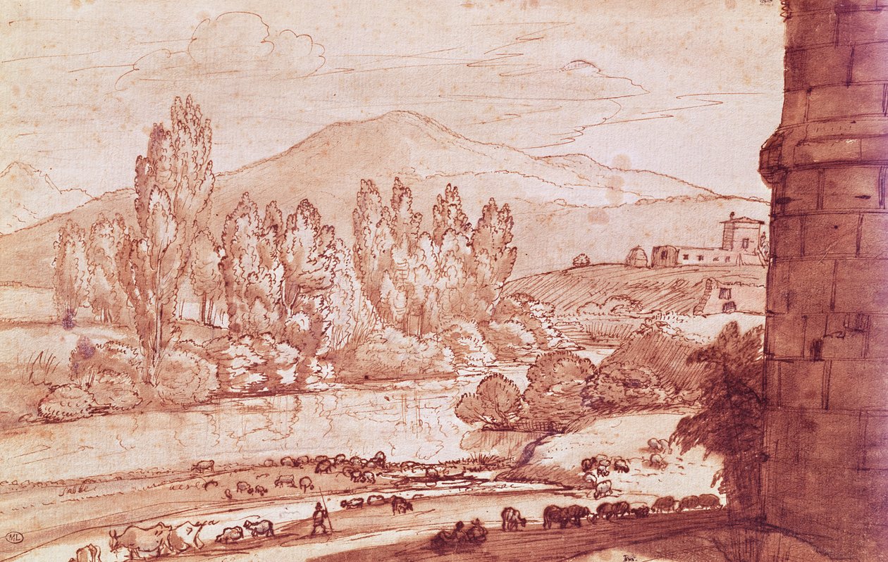 Landschap met een rivier, een kudde vee en een herder door Claude Lorrain