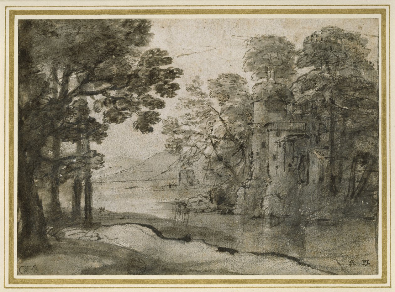 Watermolen tussen bomen, ca. 1635-38 door Claude Lorrain