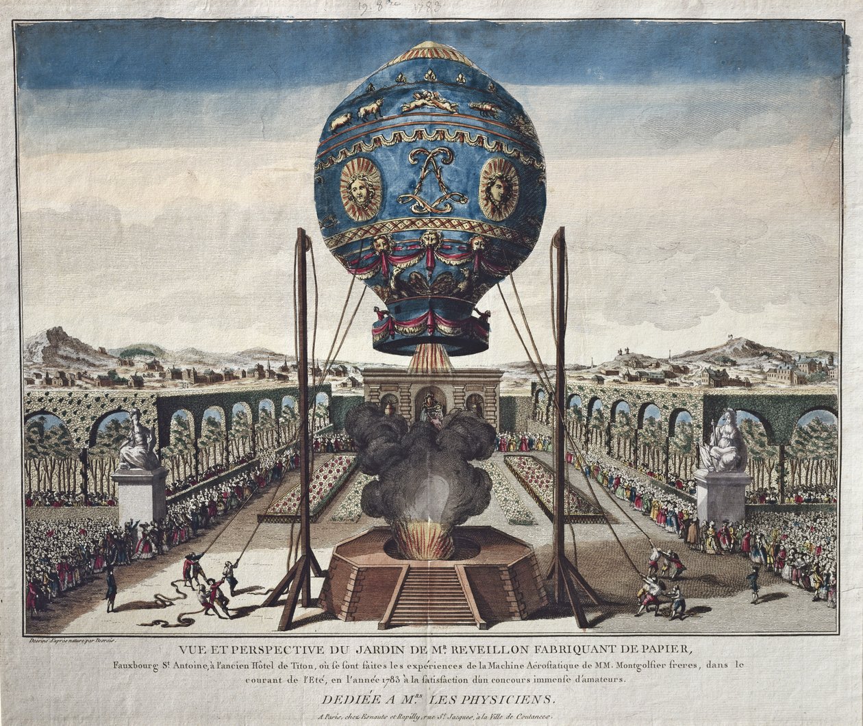Uitzicht op het ballonexperiment van de gebroeders Montgolfier in de tuin van M. Reveillon op 19 oktober 1783 door Claude Louis Desrais