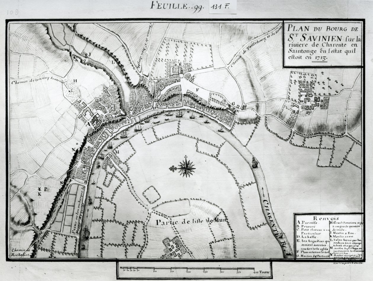 Fol.99 Kaart van Saint-Savinien aan de Charente-rivier in 1713, uit 