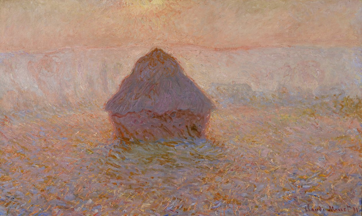 Graanstapel, zon in de mist, 1891 door Claude Monet