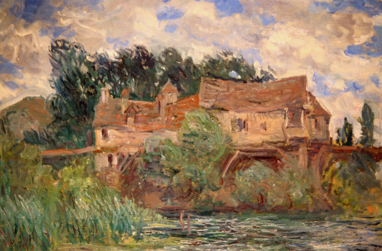 Huizen op de oude brug bij Vernon circa 1883 door Claude Monet