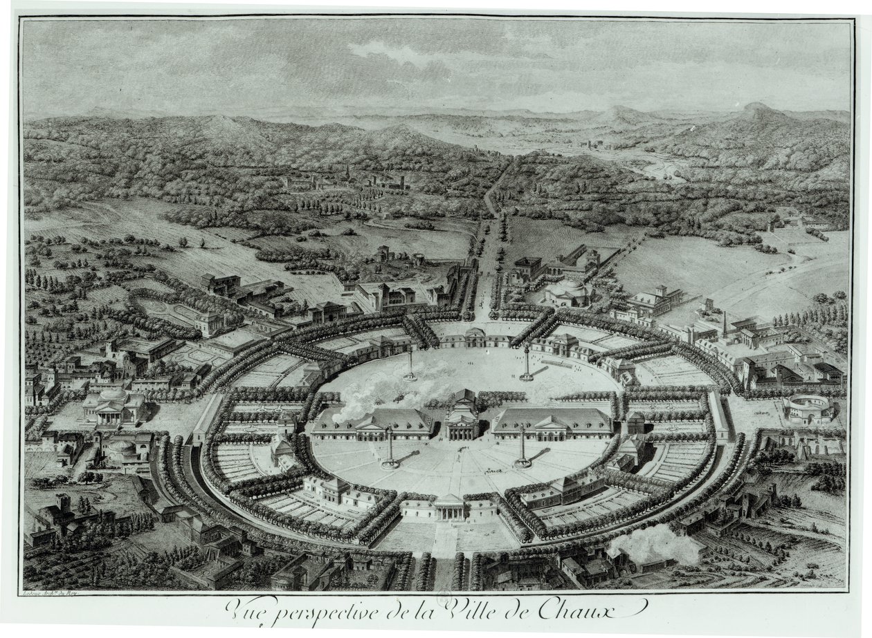 Perspectiefzicht op de Stad Chaux, c. 1804 door Claude Nicolas Ledoux