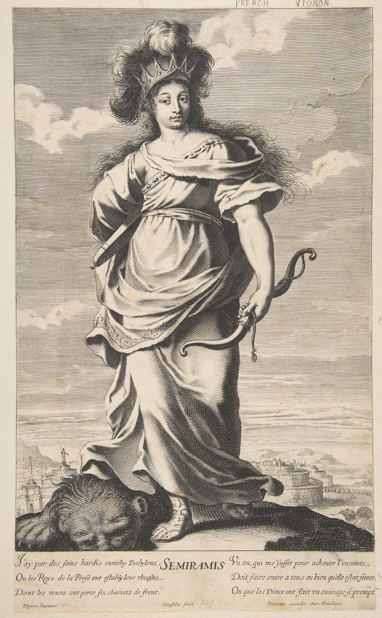 Semiramis uit Les Sept Merveilles du monde, ca. 1639-40 (ets & gravure) door Claude (after) Vignon
