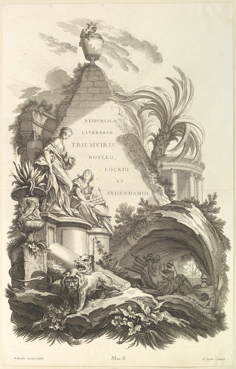 Frontispice voor het Graf van Boyle, Locke, en Sydenham, ca. 1736 door Claude Augustin Duflos