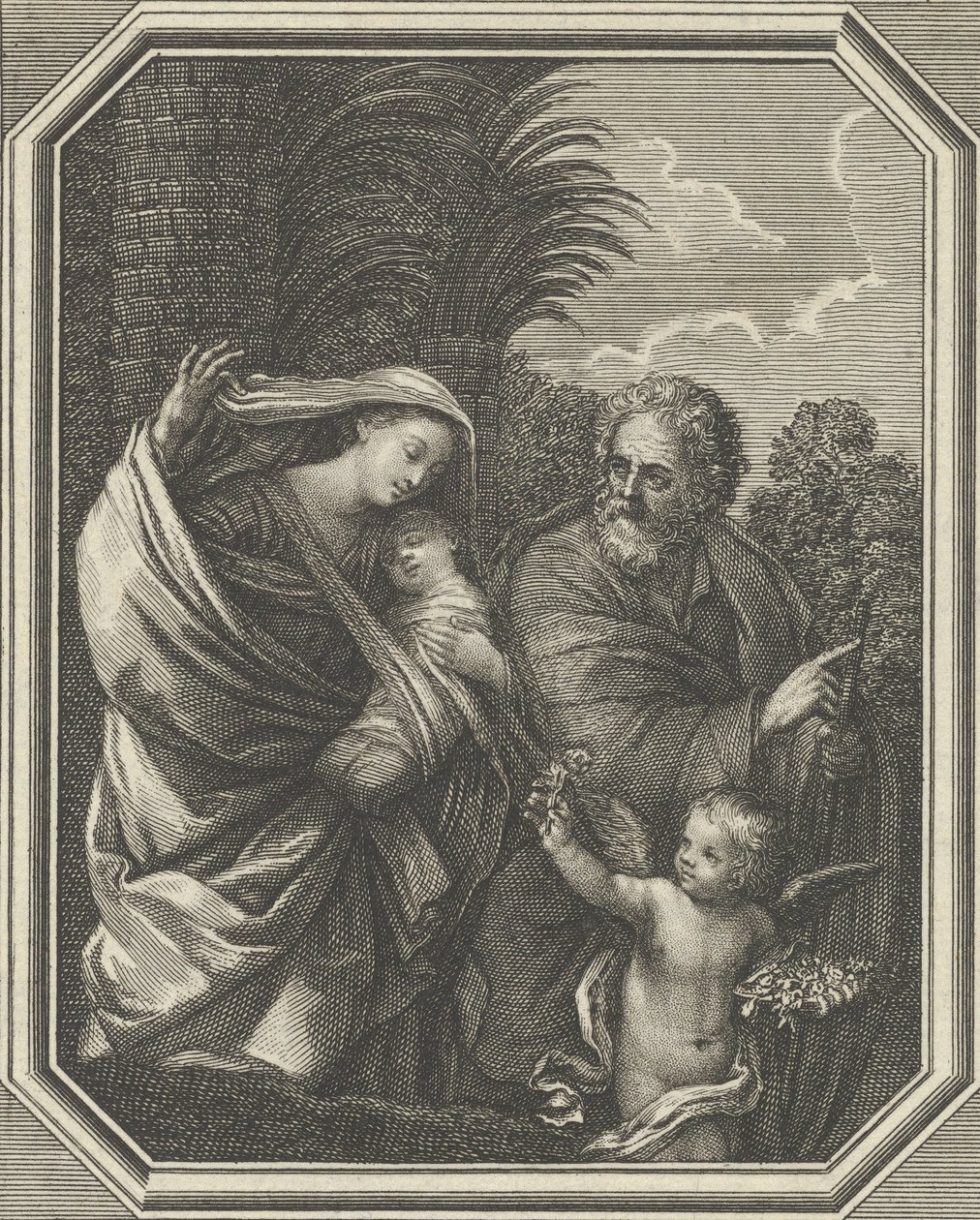 De vlucht naar Egypte, de heilige familie wandelend met de jonge Johannes de Doper, ca. 1720-86 door Claude Augustin Duflos