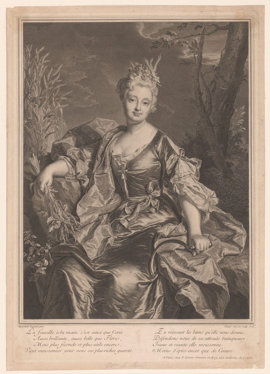 Portret van Marguerite Henriette de La Briffe Le Bret als Ceres door Claude Drevet
