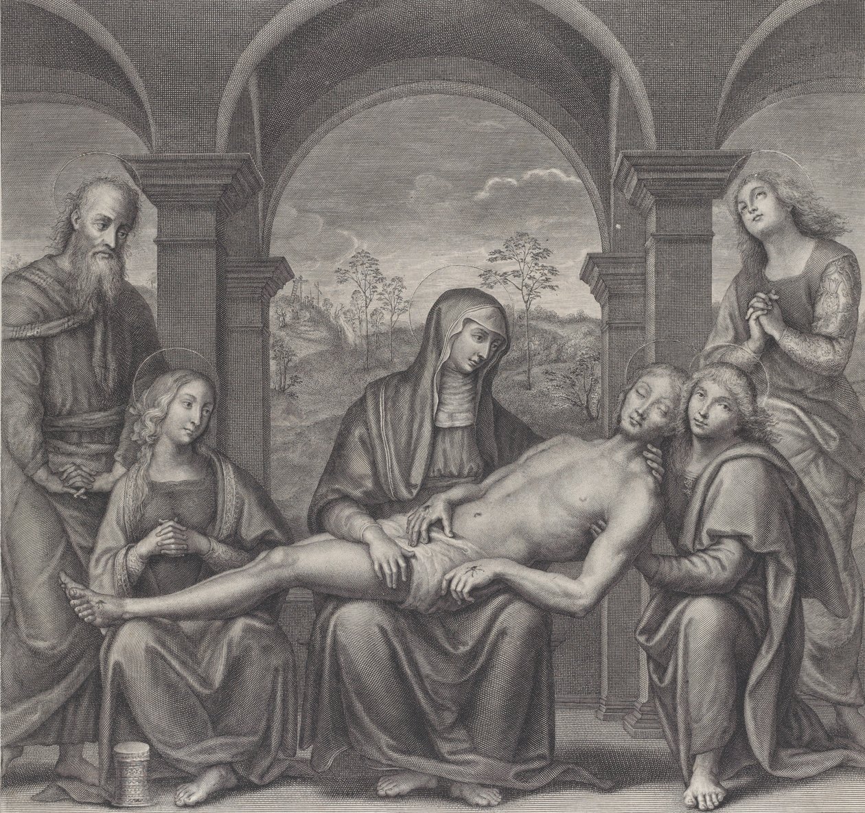 Christus in het graf, rustend op de schoot van de Maagd, naar Perugino, ca. 1685-1727 door Claude Duflos