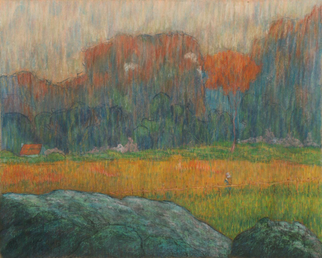 Landschap met figuur en huizen, ca. 1891 door Claude Emile Schuffenecker