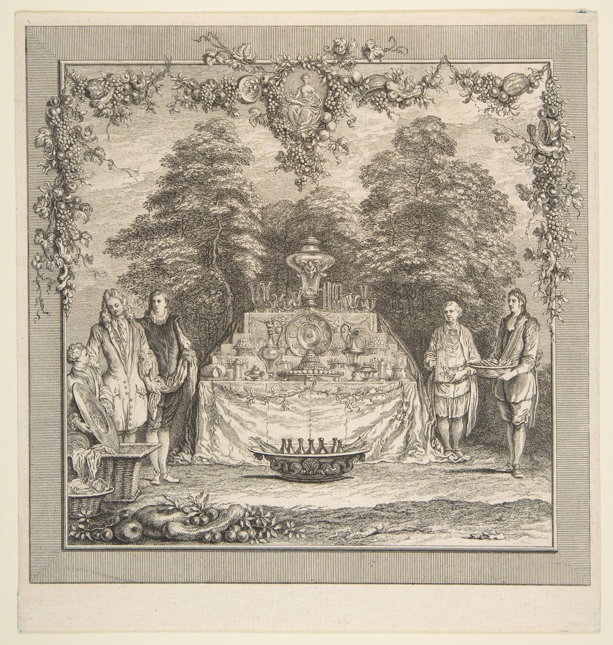 La Colation preparee dans un jardin door Claude Gillot, Jacques Gabriel Huquier