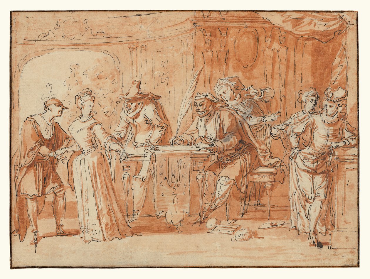 Szene aus der italienischen Komödie (recto); Figurenstudie (verso) door Claude Gillot