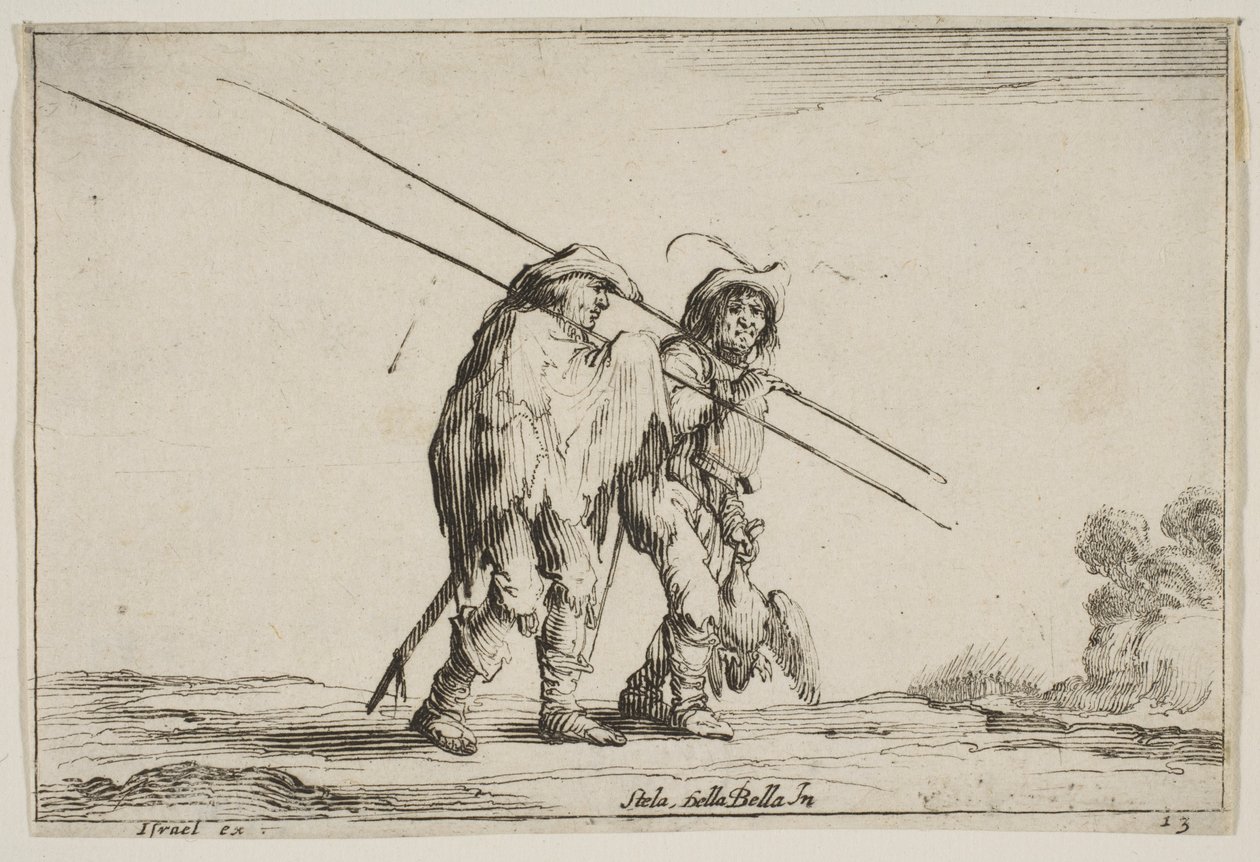 Plaat 13: Twee piekeniers lopen naar rechts, elk met hun pieken in hun rechterhand, 1642 door Claude Goyrand