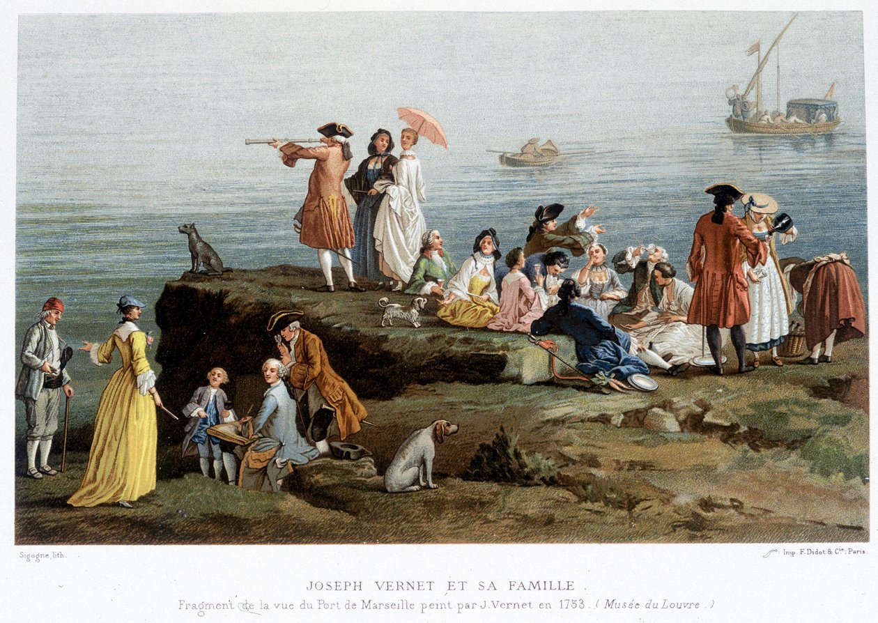 Joseph Vernet en zijn familie - 19e-eeuwse reproductie van een fragment van het uitzicht op de haven van Marseille geschilderd door Vernet in 1753 (Louvre Museum) door Claude Joseph (after) Vernet