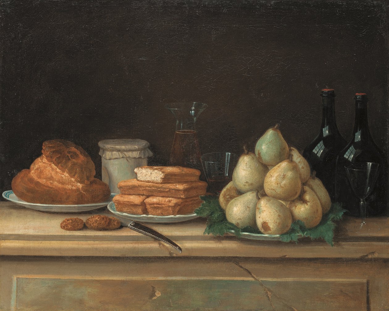 Peren en brood op borden, met flessen wijn en glazen op een stenen richel door Claude Joseph Fraichot