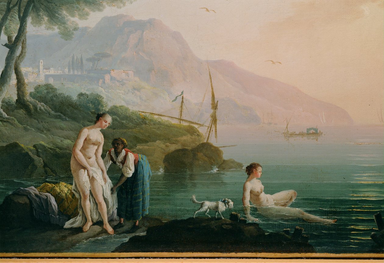 Zwemmende meisjes aan de kust ... (schilderij op doek) door Claude Joseph Vernet