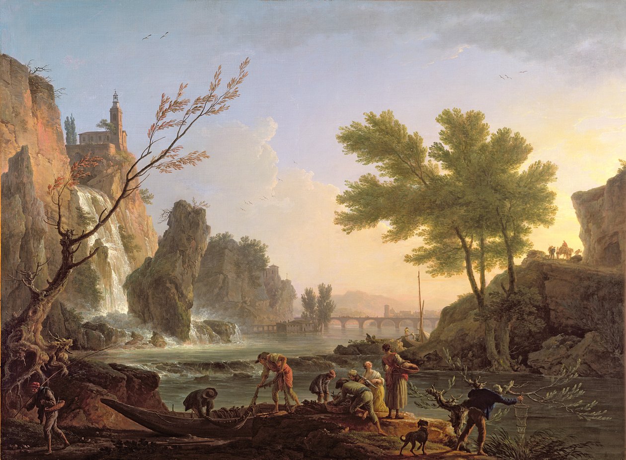 Visser in een landschap met een waterval en een brug door Claude Joseph Vernet