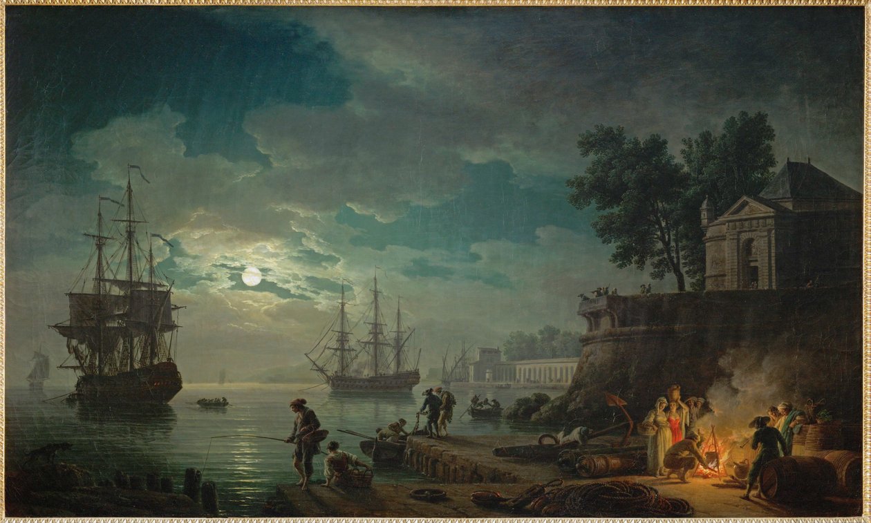 s Nachts een maanverlichte zeehaven ... door Claude Joseph Vernet