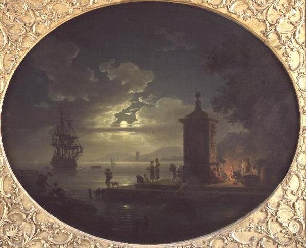 Nacht: een maanverlichte kustlandschap met vissers bij een vuur op een kade, een oorlogsschip daarachter door Claude Joseph Vernet