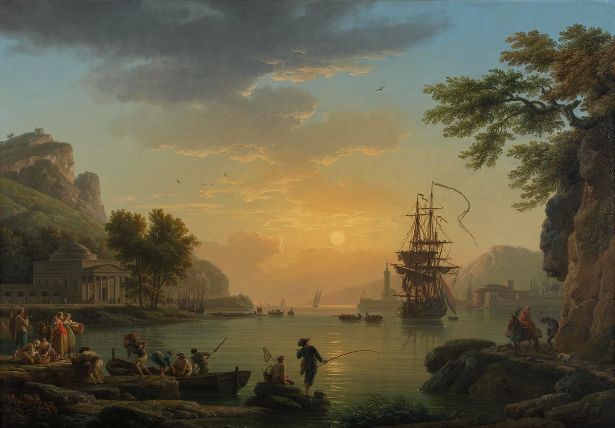 Landschap bij zonsondergang met vissers die terugkeren met hun vangst door Claude Joseph Vernet