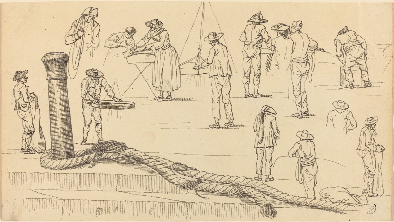 Kadefiguren en een stuk touw bevestigd aan een bolder door Claude Joseph Vernet
