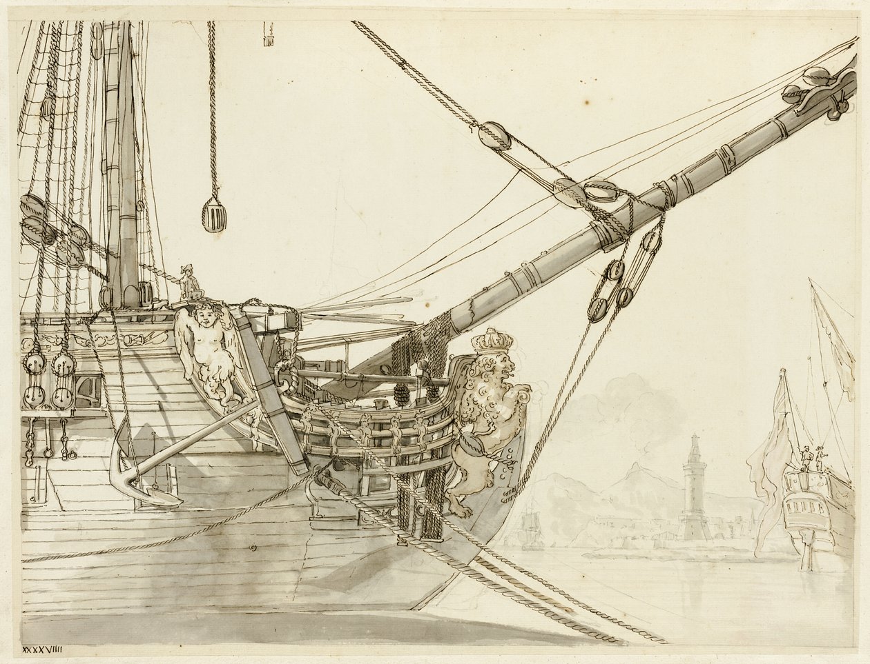 Studie van de boeg van een oorlogsschip met Britse oorlogsschepen en de haven van Napels erachter door Claude Joseph Vernet