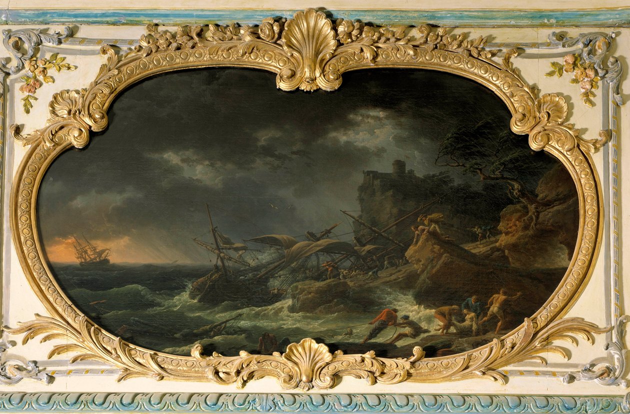 De Vier Delen van de Dag: het Zuiden of de Tempete Schepen tijdens een schipbreuk in een droge zee. Schilderij door Joseph Vernet (1714-1789) 1762. Dim. 0,85x1,35 m. door Claude Joseph Vernet