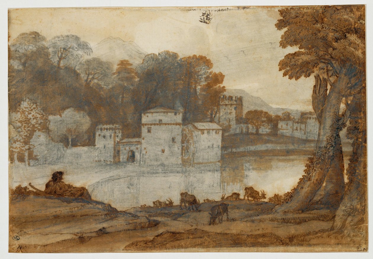 Herder bij een meer bij een versterkte molen ... door Claude Lorrain (1600-82)