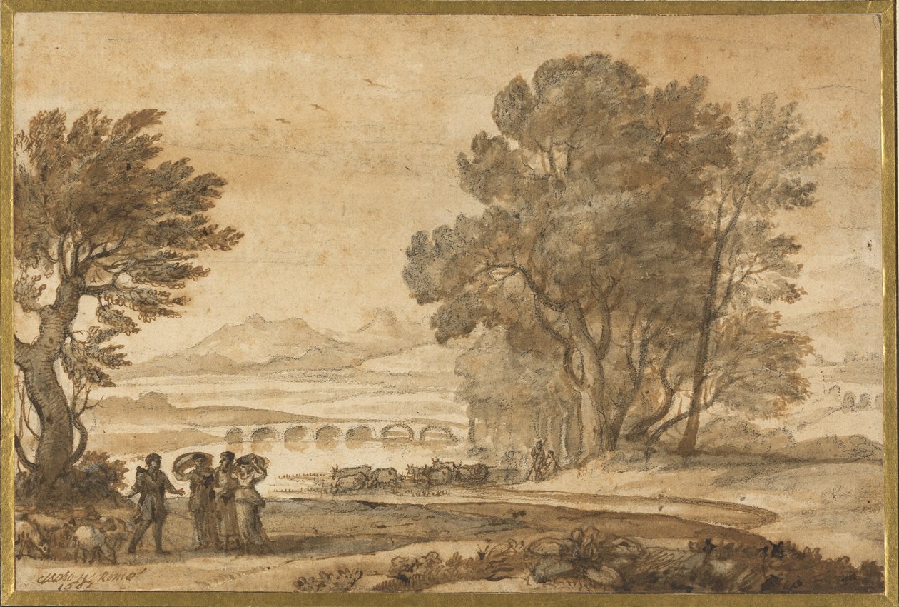 Een bebost rivierlandschap met Jacob, Laban en zijn dochters door Claude Lorrain