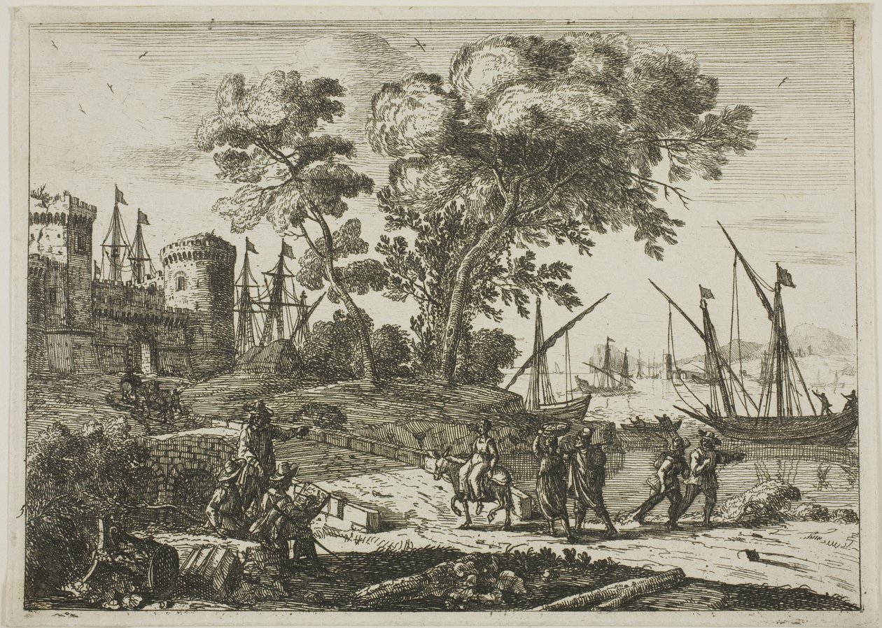 Kustscène met een kunstenaar die tekent door Claude Lorrain