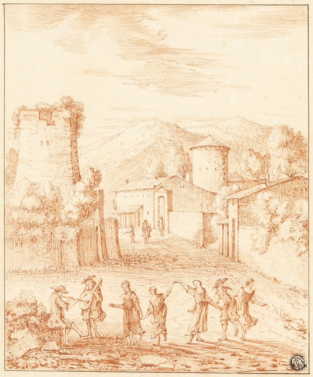 Dansers en muzikanten voor dorp met verwoeste toren door Claude Lorrain