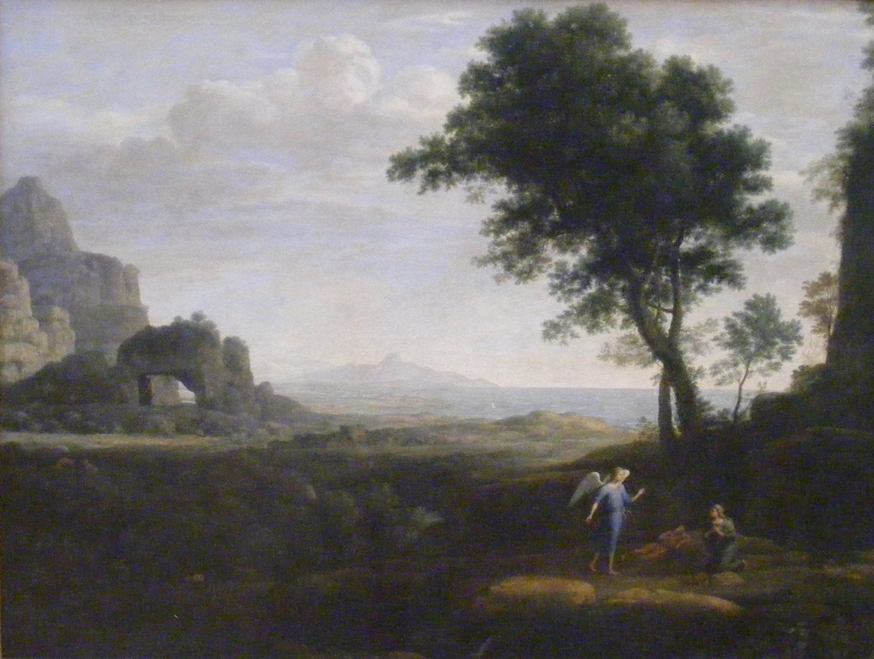 Duits: Hagar und Ismael in der Wüste Hagar en Ismael in de woestijn door Claude Lorrain