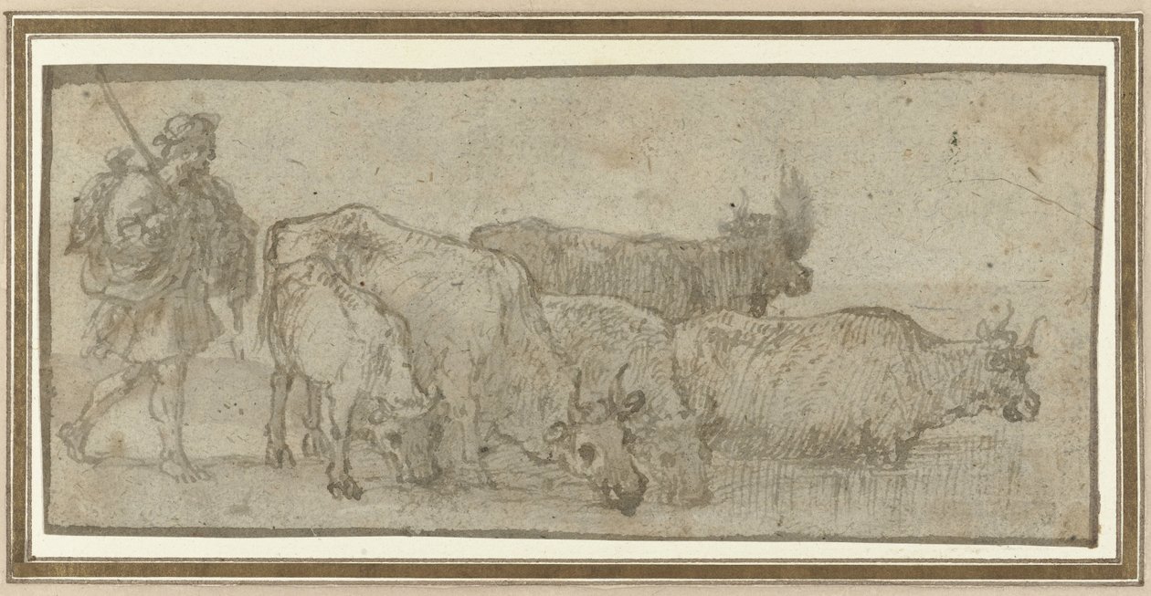 Herder met zijn kudde runderen bij een wed door Claude Lorrain