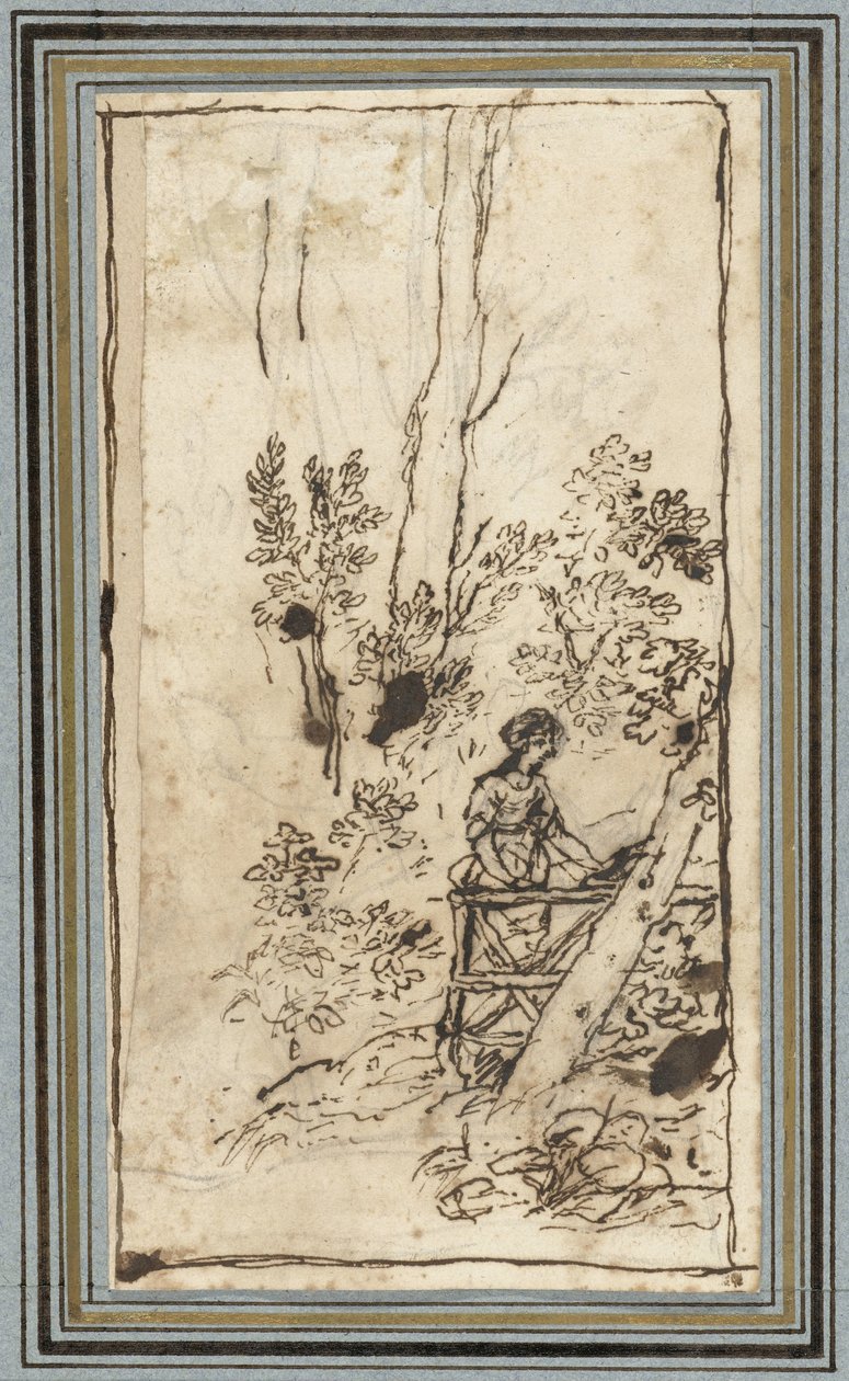 Jonge vrouw staande bij een hek in een bos door Claude Lorrain